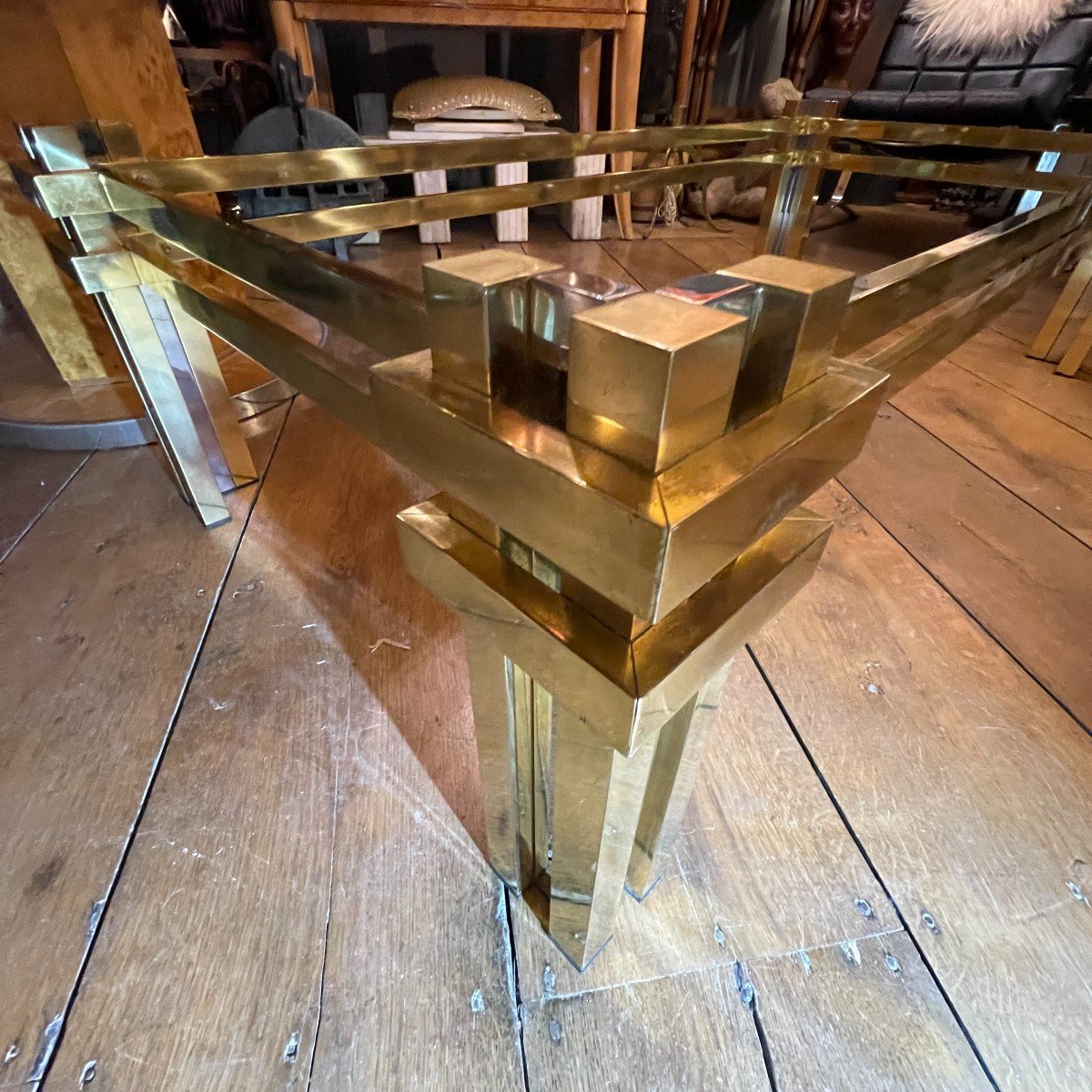 Romeo Rega, Vintage Coffee Table, Smoked Glass, Brass, Chromed Metal, Hollywood Regency 70s Design-photo-5